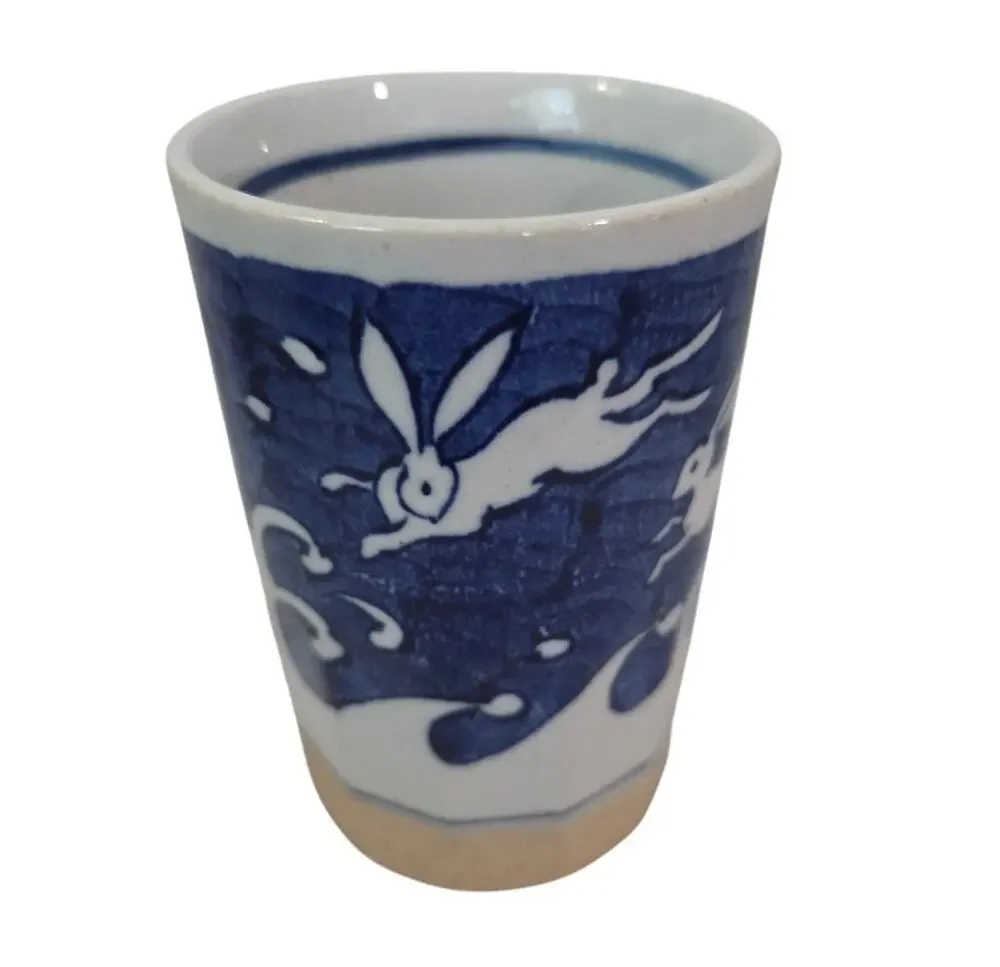 Vtg Japanese Sometsuke Oshima Rabbit Pottery Blue White CUP
